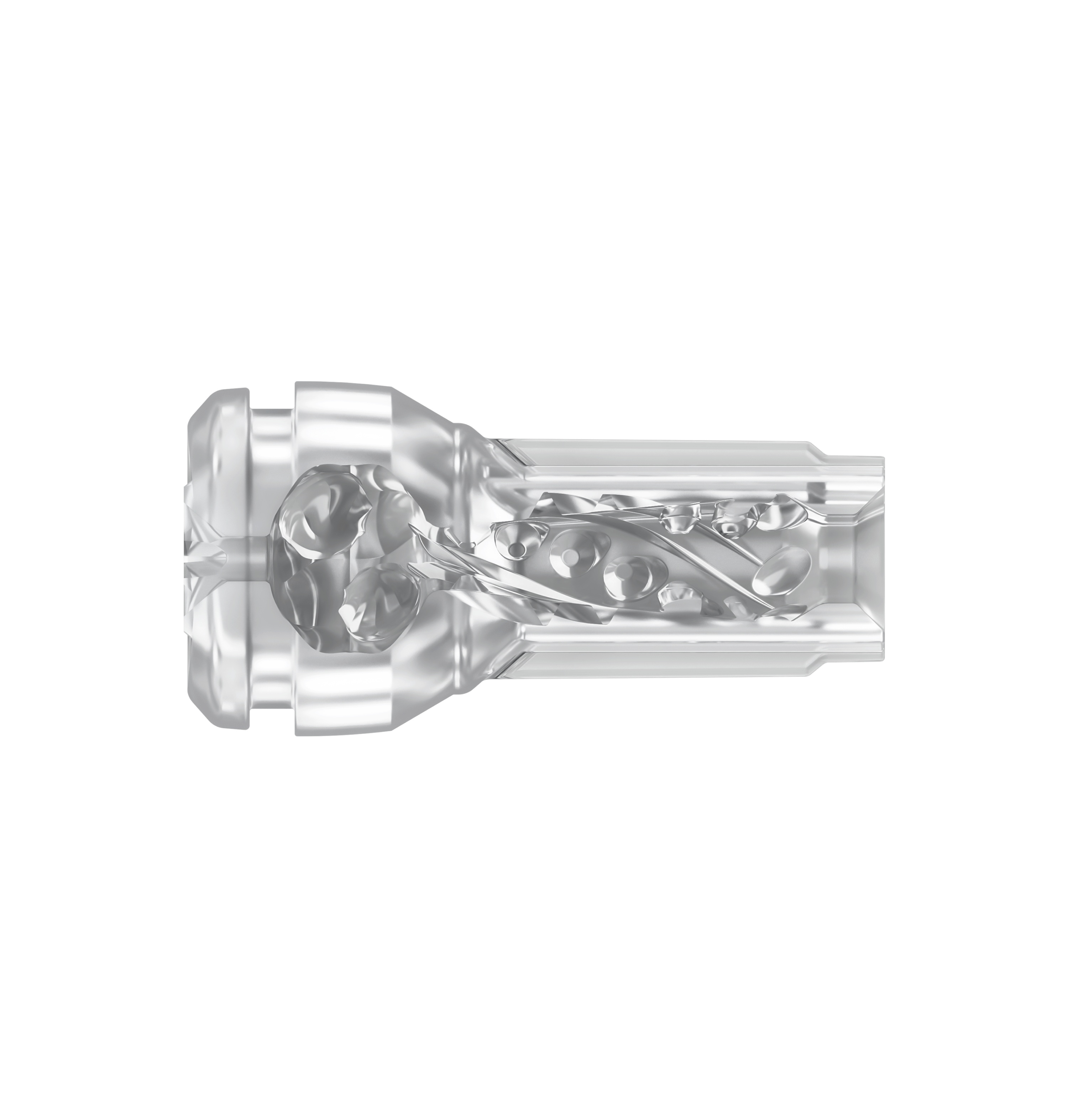 Transparent male masturbator with internal ribbed texture.