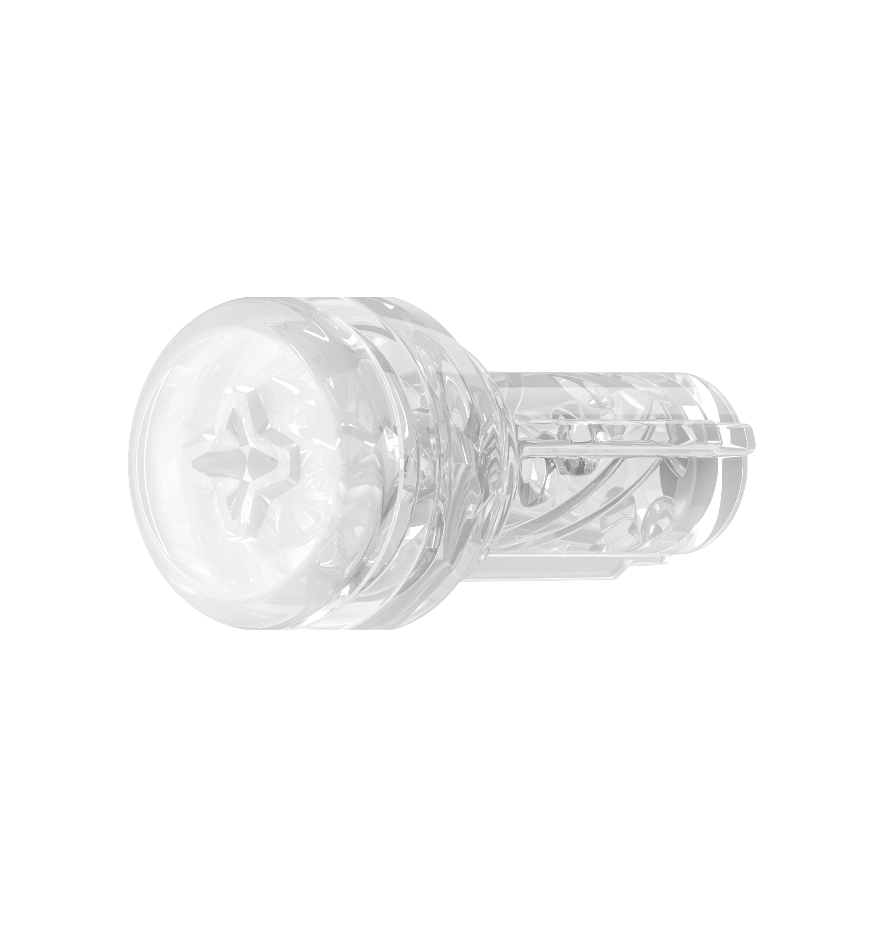 Transparent male masturbator with ribbed interior.