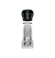 App-controlled suction stroker and PowerBlow combo with a clear textured sleeve.