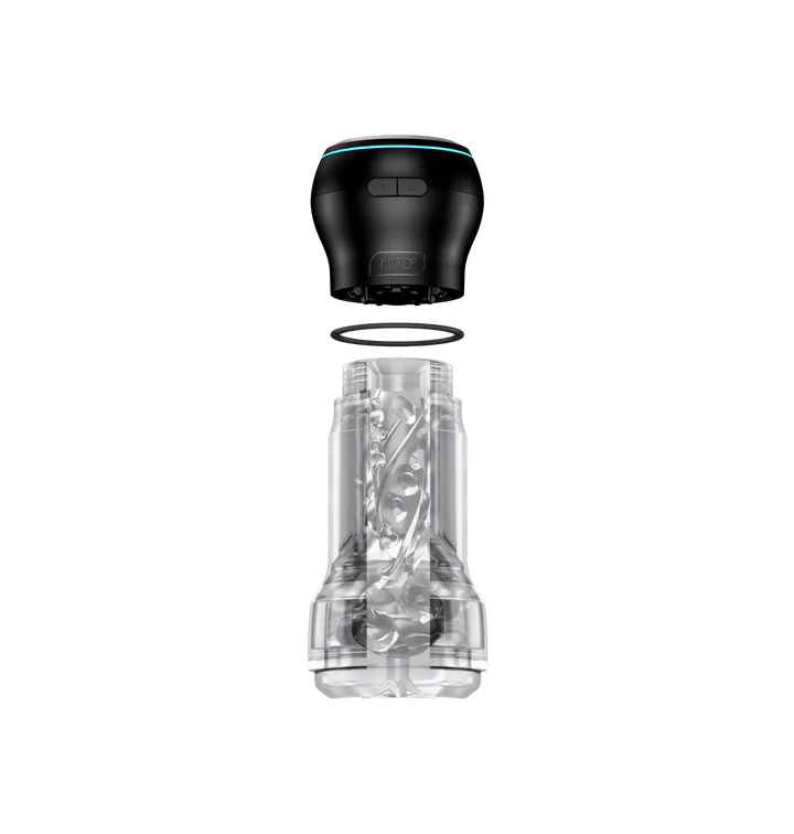 App-controlled suction stroker and PowerBlow combo with a clear textured sleeve.