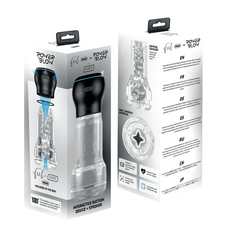 App-controlled suction stroker and PowerBlow combo with crystal texture.
