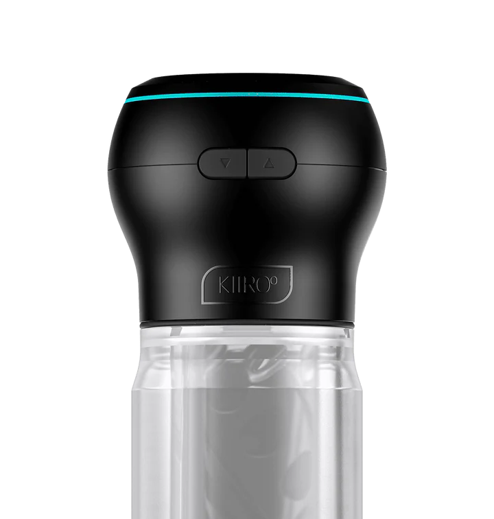 Black Kiiroo stroker with blue light and buttons on a clear cylinder.
