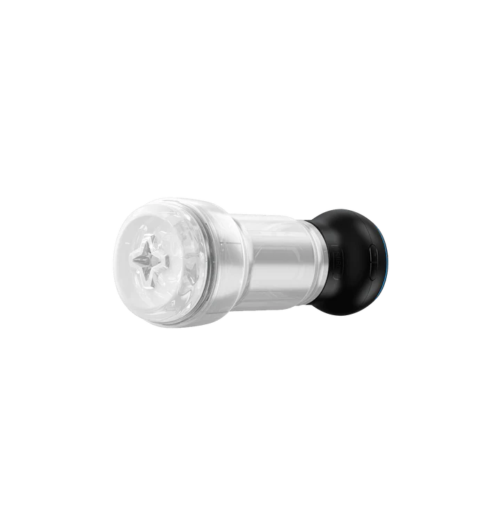App-controlled suction stroker with a clear textured sleeve and black base.