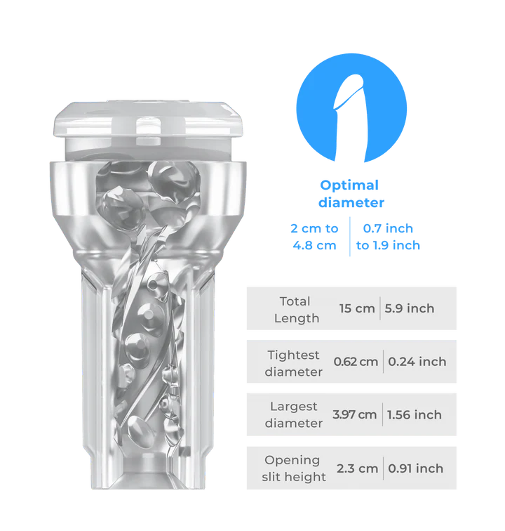 A clear, app-controlled suction stroker with detailed dimensions.
