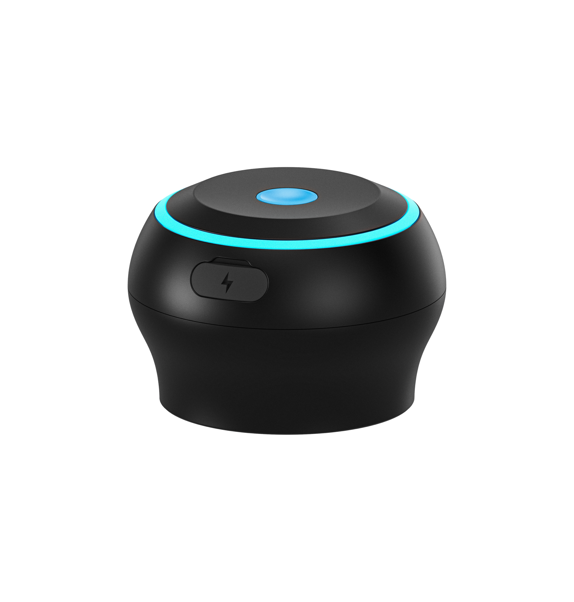 Black interactive stroker controller with blue light ring and lightning bolt button.