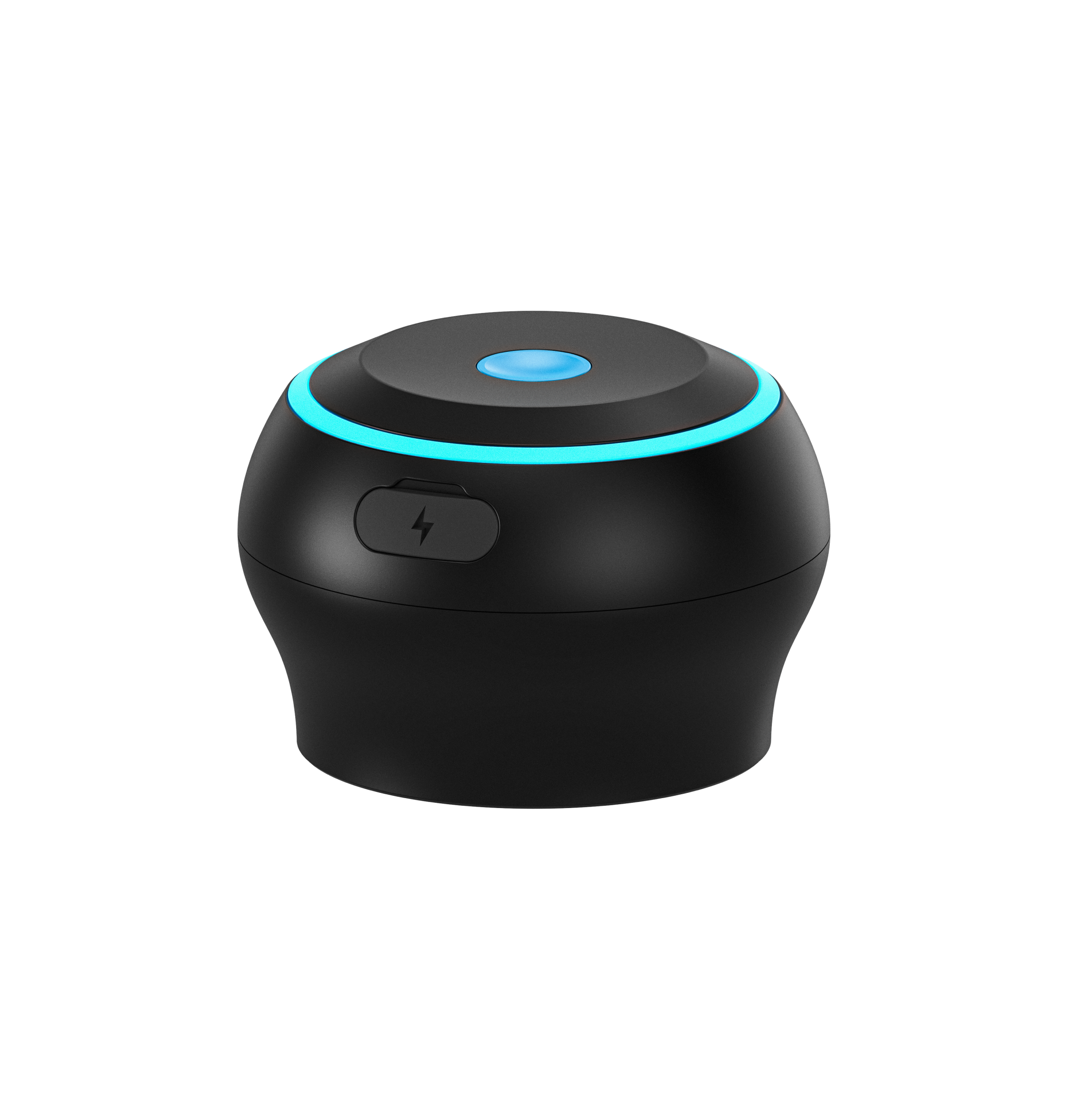 Black interactive stroker controller with blue light ring and lightning bolt button.