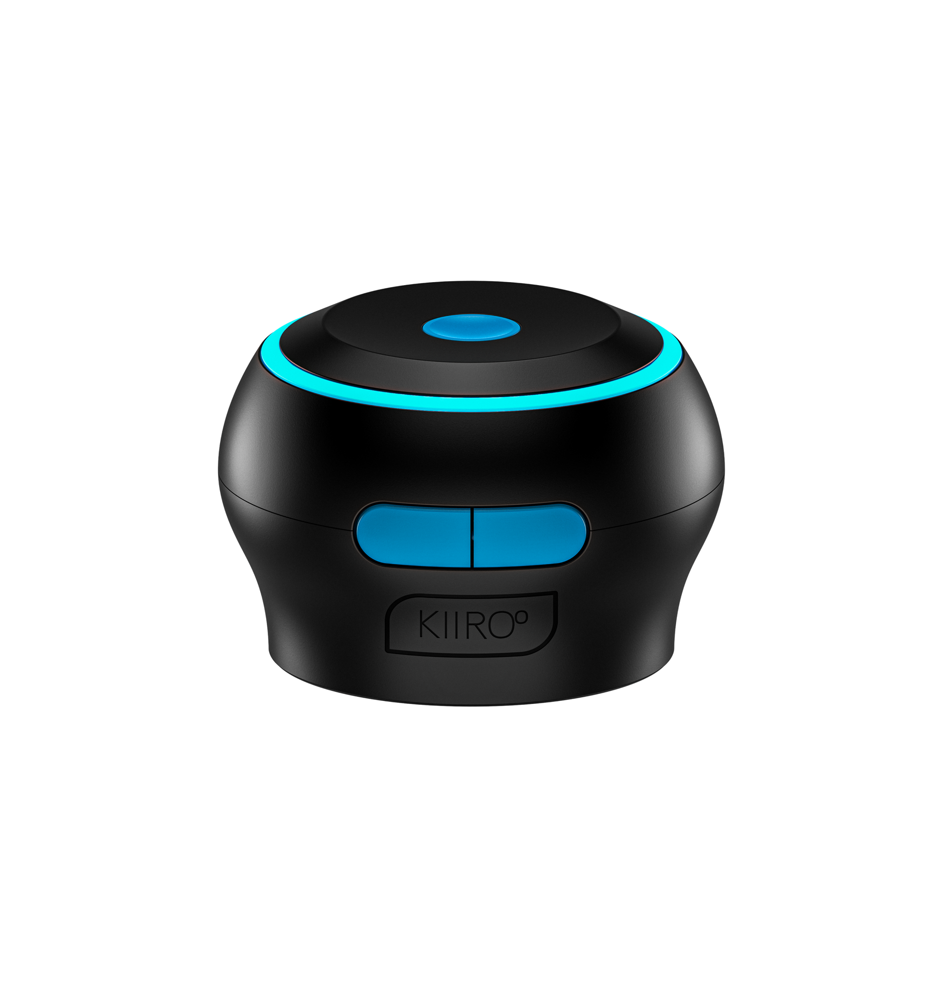 A black Kiiroo stroker controller with blue accents and a glowing blue ring.