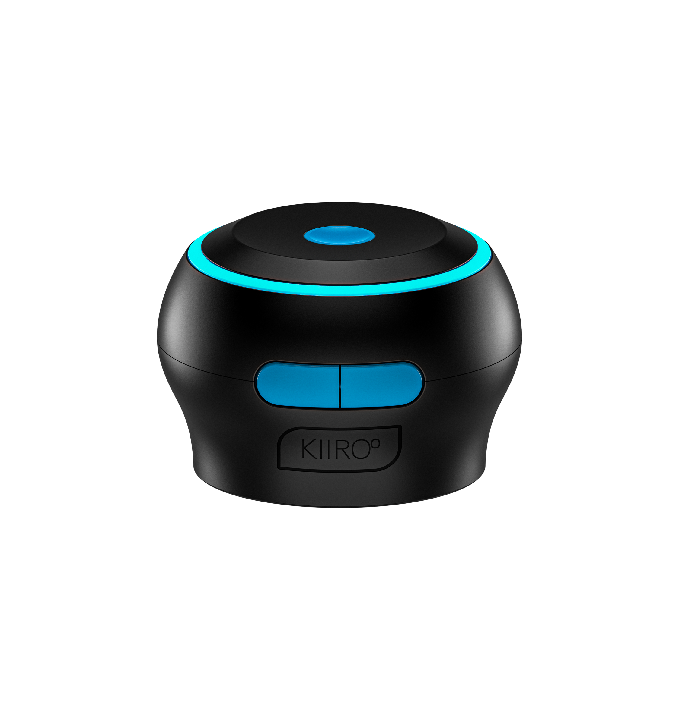 A black Kiiroo stroker controller with blue accents and a glowing blue ring.
