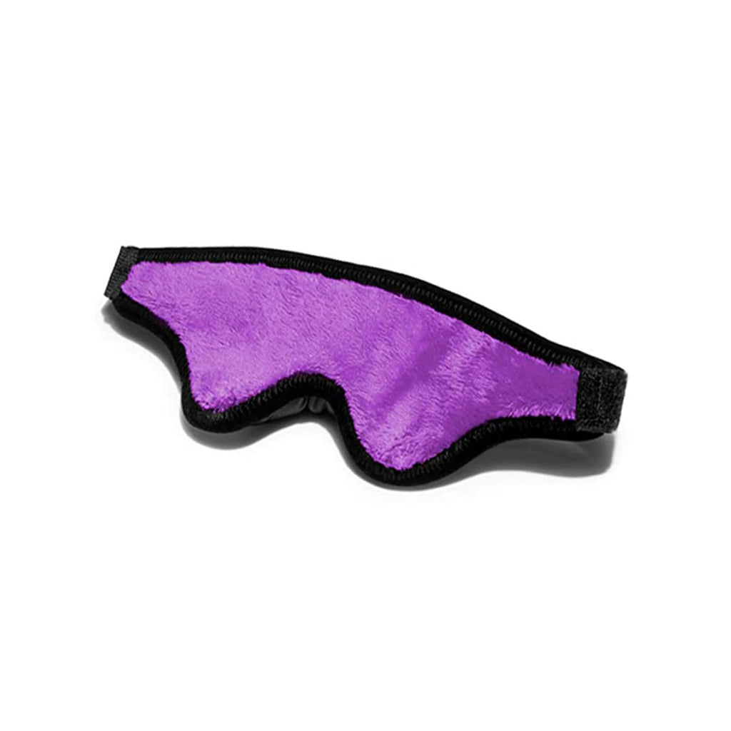 Purple plush sensory blindfold with black trim and an adjustable strap.