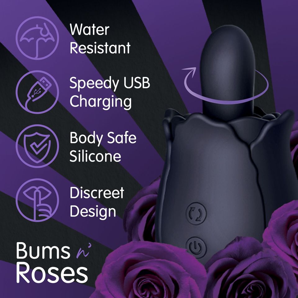 A black rose-shaped anal toy with icons for water resistance, USB charging, body-safe silicone, and discreet design.