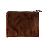 Chocolate microsuede storage bag with a zipper and Liberator tag.