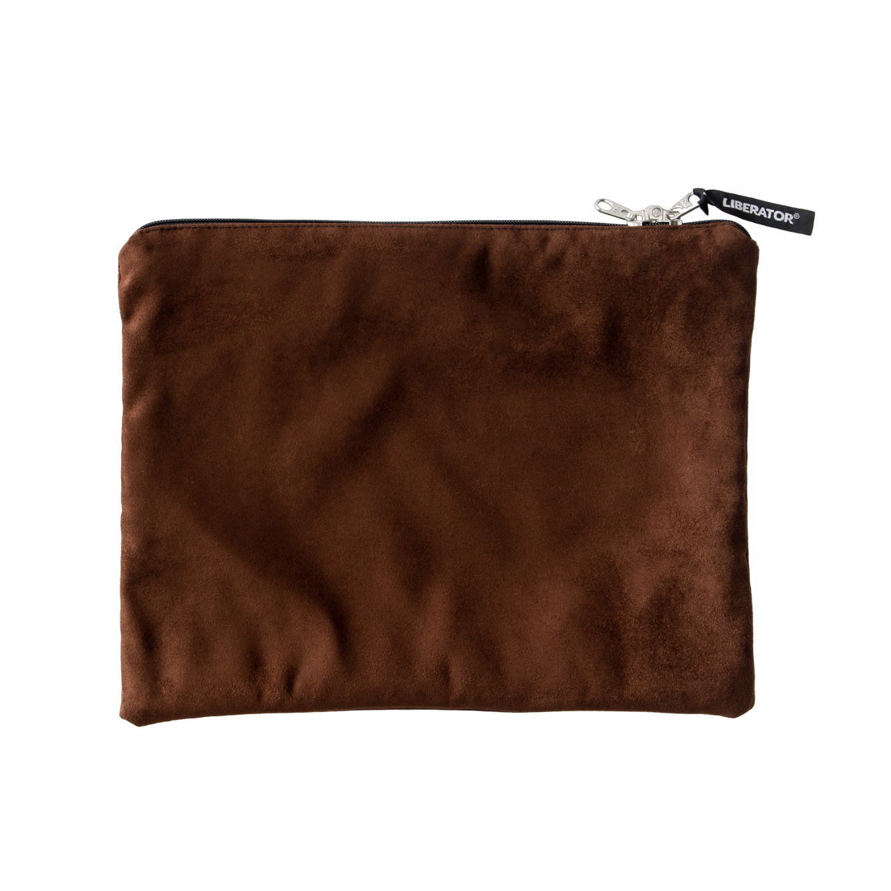 Chocolate microsuede storage bag with a zipper and Liberator tag.