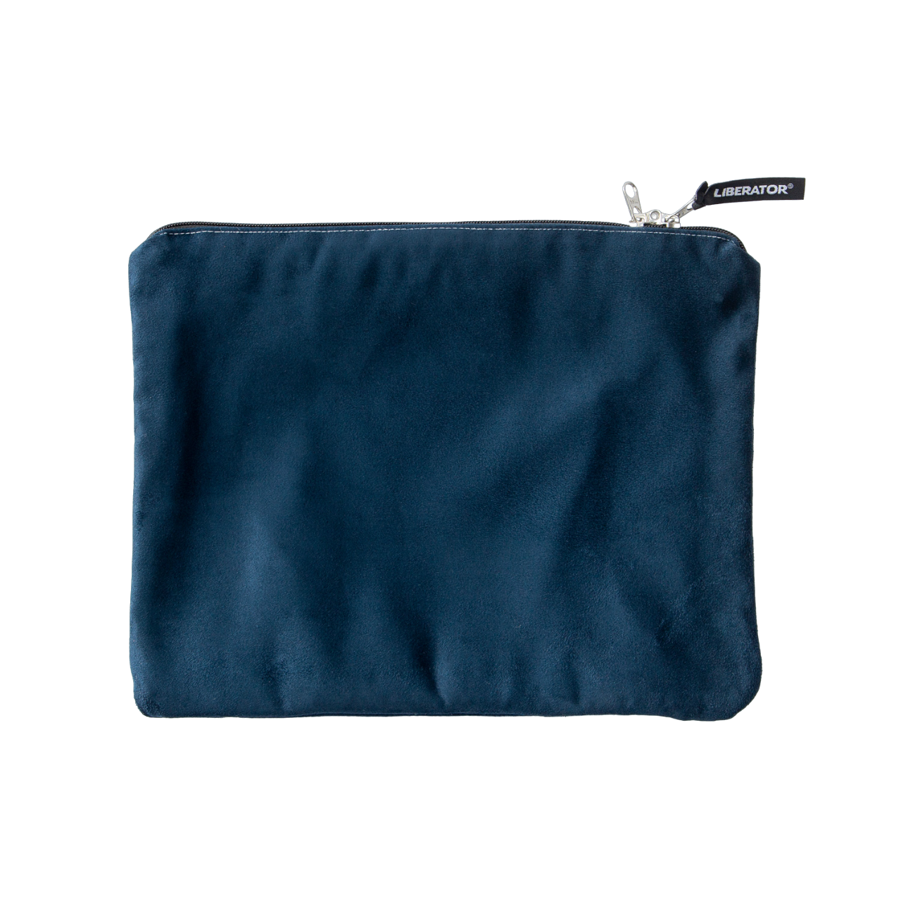 Navy blue microsuede travel pouch with a zipper and Liberator logo.