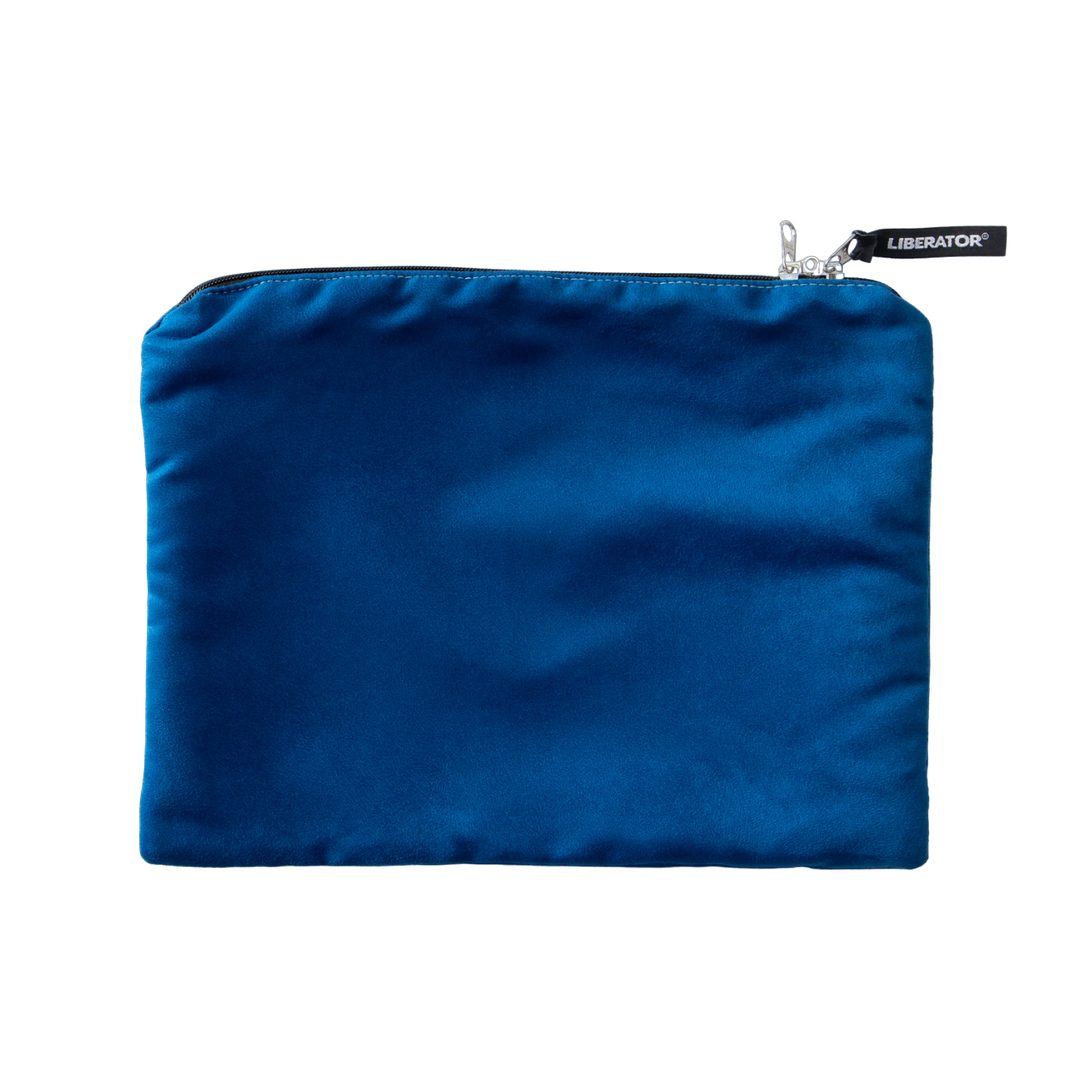 Blueberry microsuede travel case with a zipper and Liberator tag.