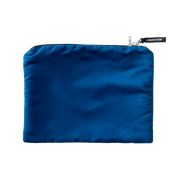 Blueberry microsuede travel case with a zipper and Liberator tag.