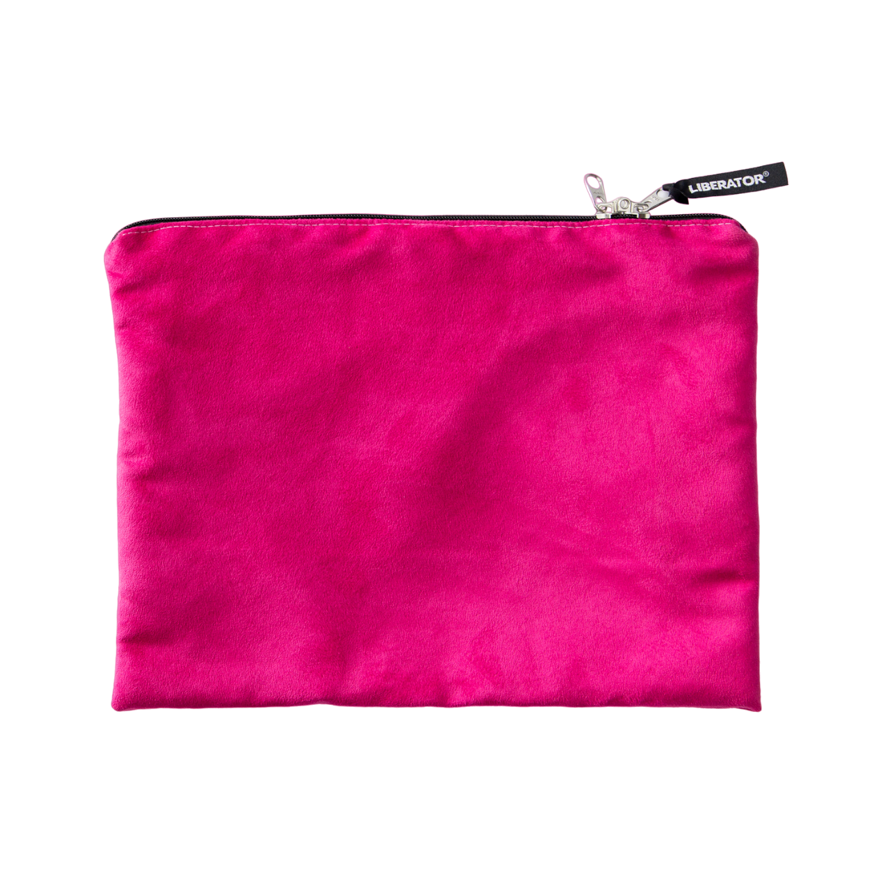 Pink microsuede toy storage bag with a lockable zipper and Liberator tag.