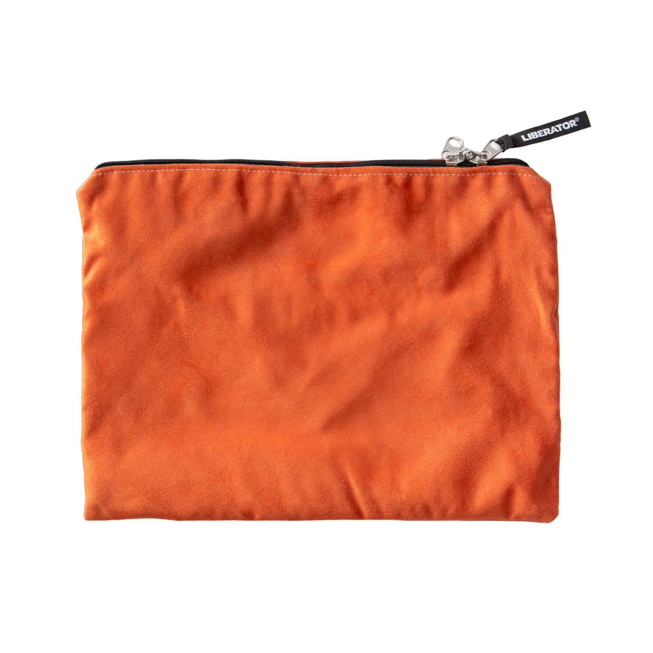 Orange microsuede travel pouch with zipper and "Liberator" tag.