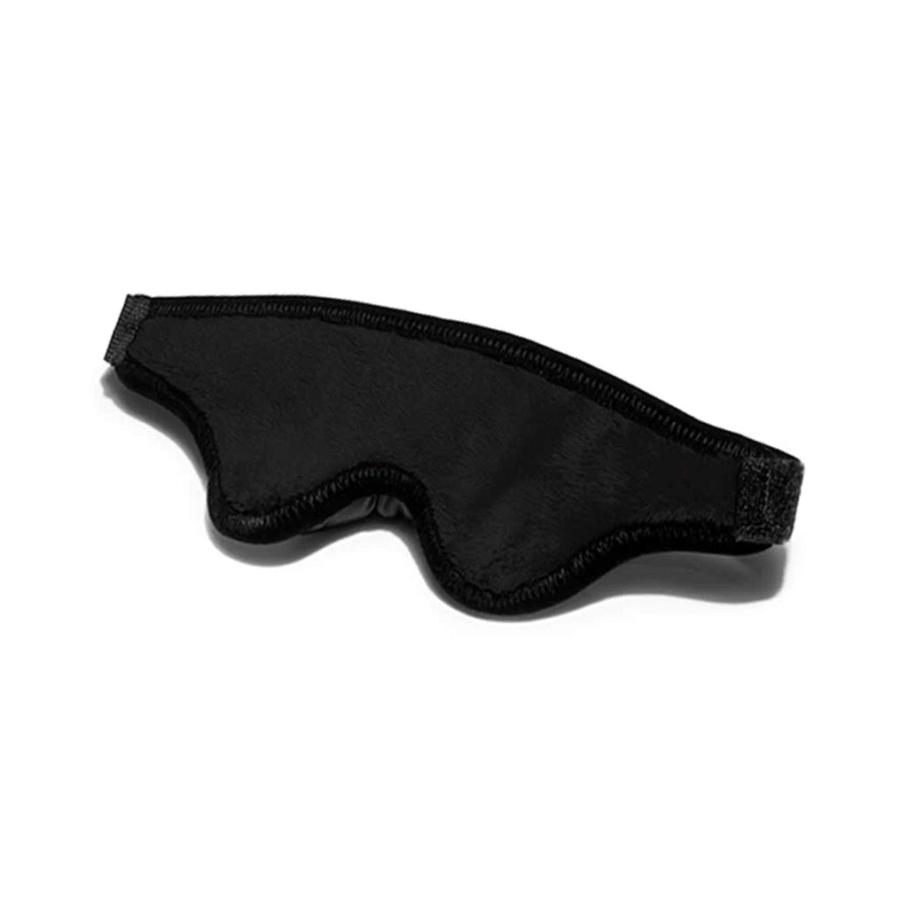 Black plush microfiber blindfold with a no-peek nose bridge and adjustable strap.