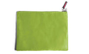Lime green microsuede bag with a lockable zipper.