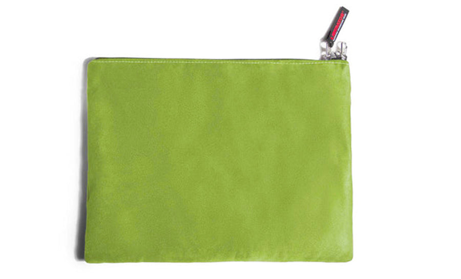 Lime green microsuede bag with a lockable zipper.