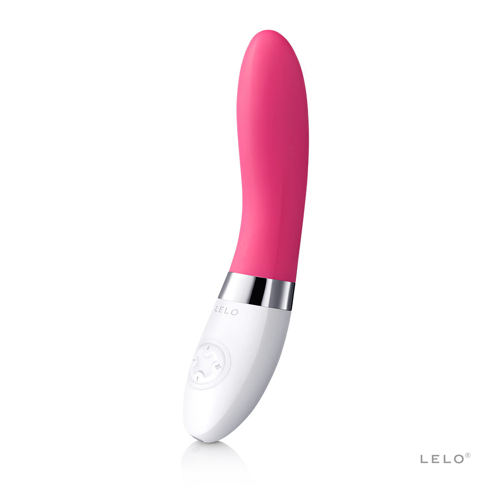 A pink and white Lelo vibrator with a curved shape and control buttons.