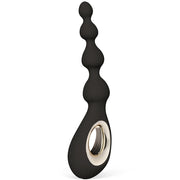 Black silicone anal massager with a beaded design and a gold ring accent.
