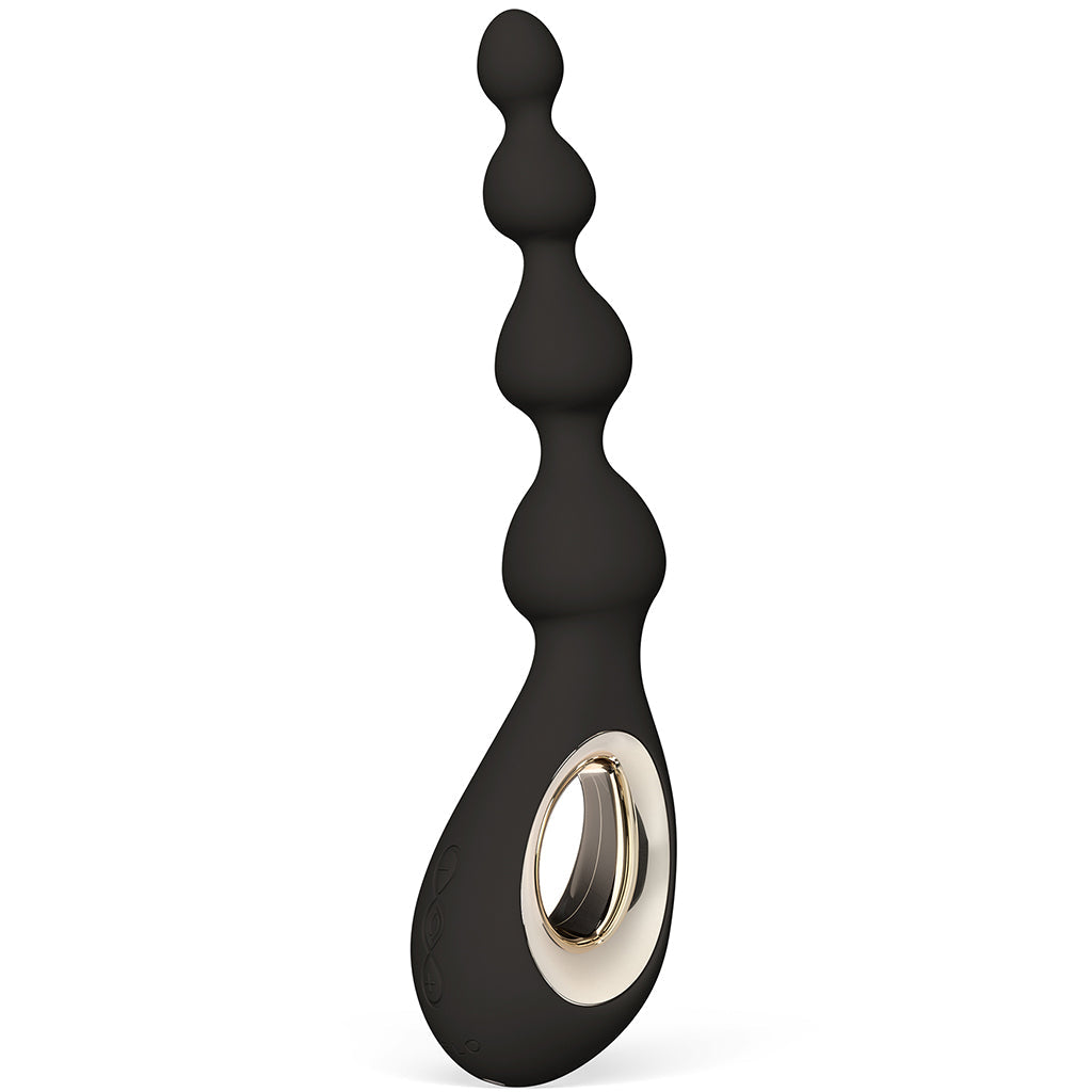 Black silicone anal massager with a beaded design and a gold ring accent.