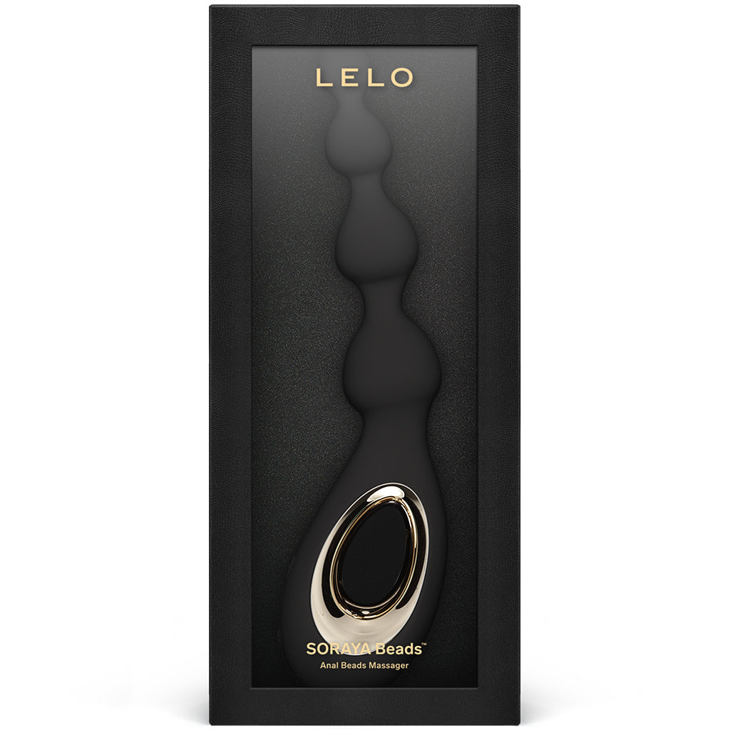 A black Lelo Soraya Beads anal massager with a gold accent in a black box.