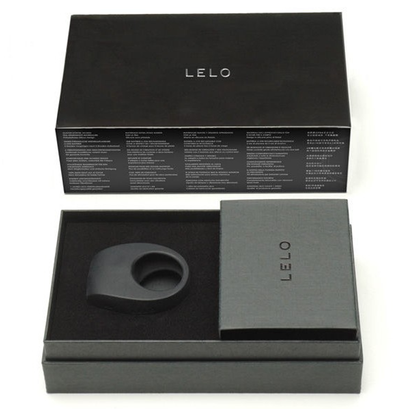 A black Lelo Tor 2 vibrating cock ring in its packaging.