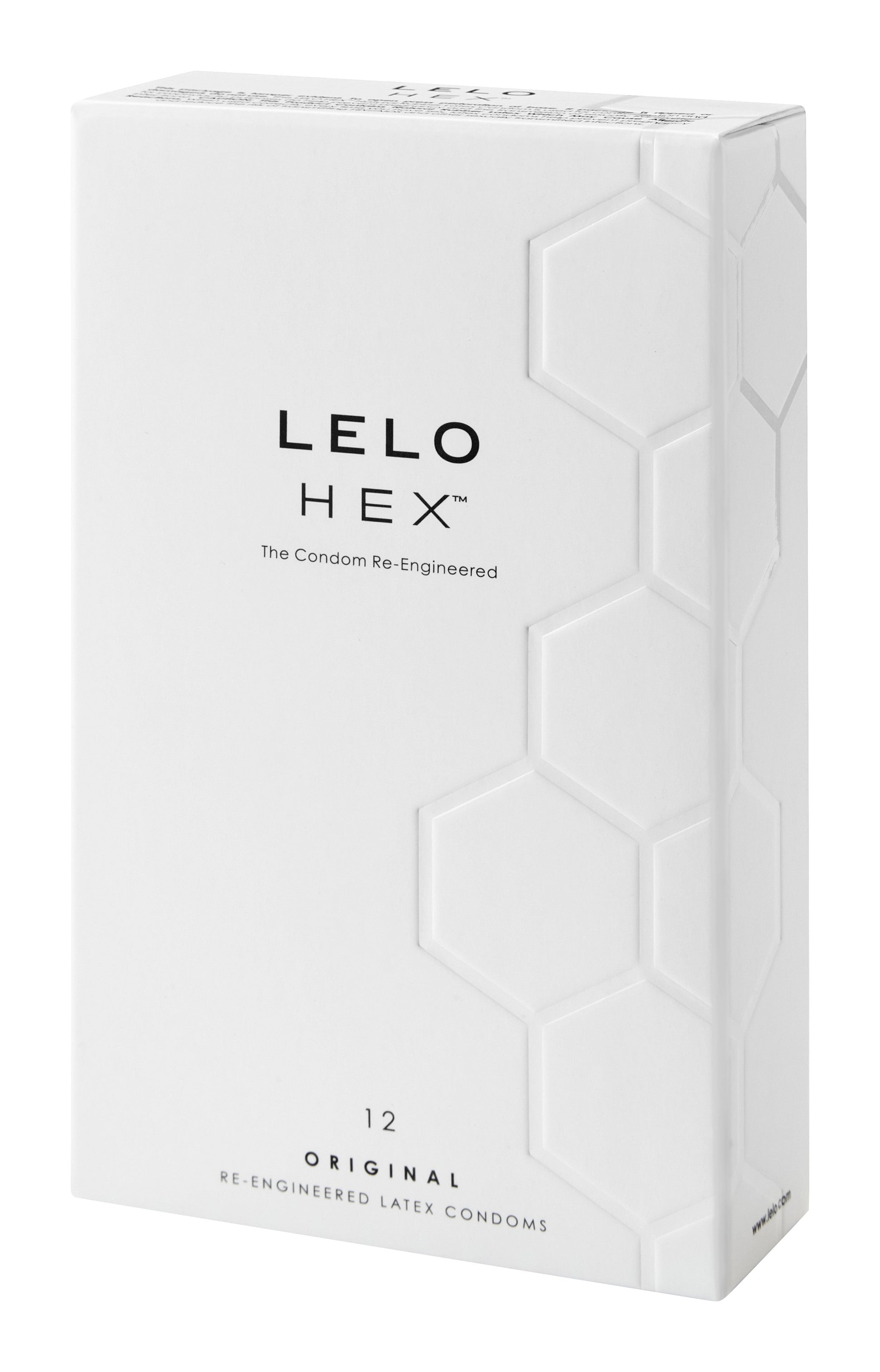A white box of Lelo HEX Original condoms with a hexagonal pattern.