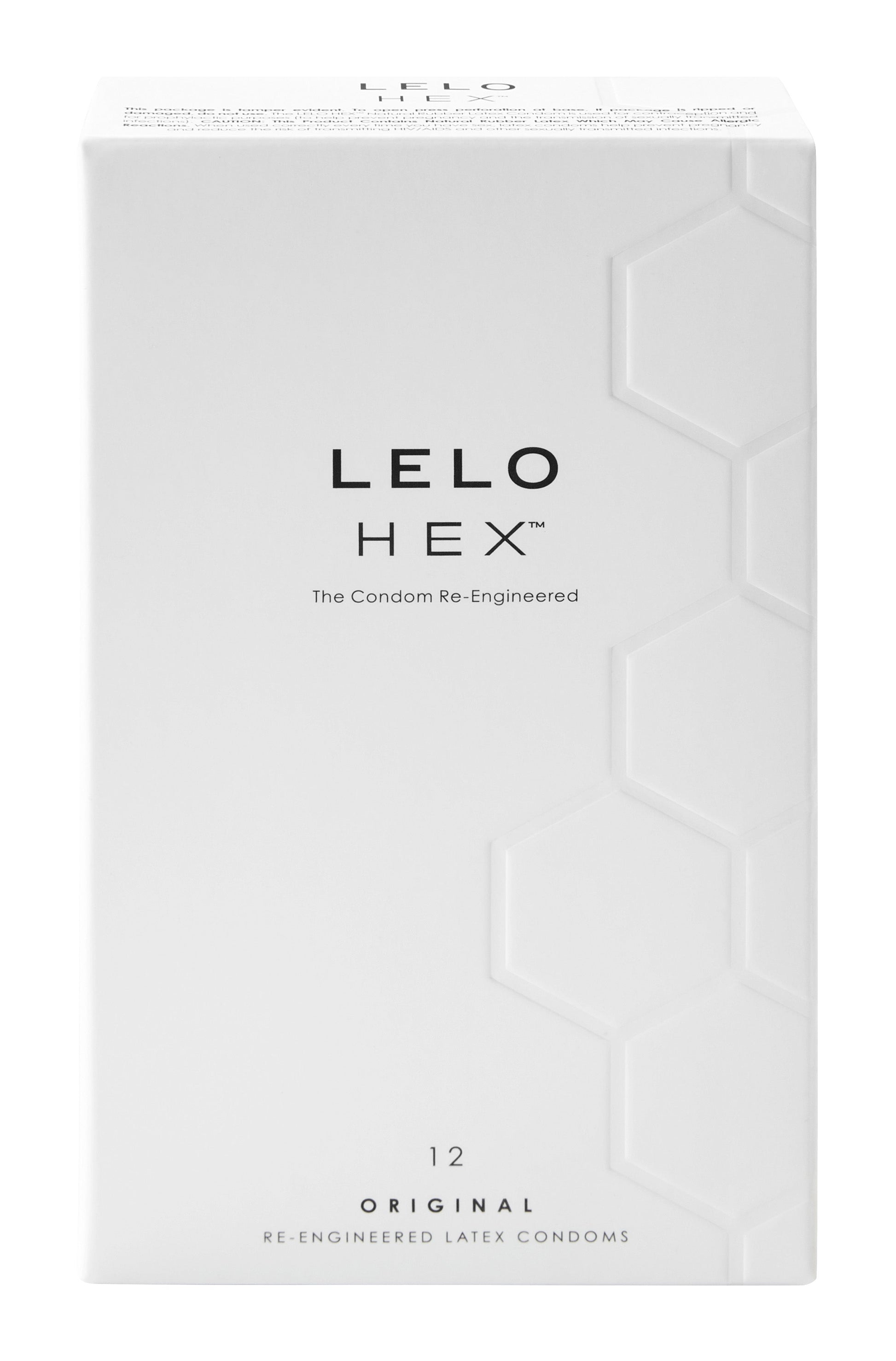 LELO HEX Original condoms, 12 pack, with hexagonal pattern.