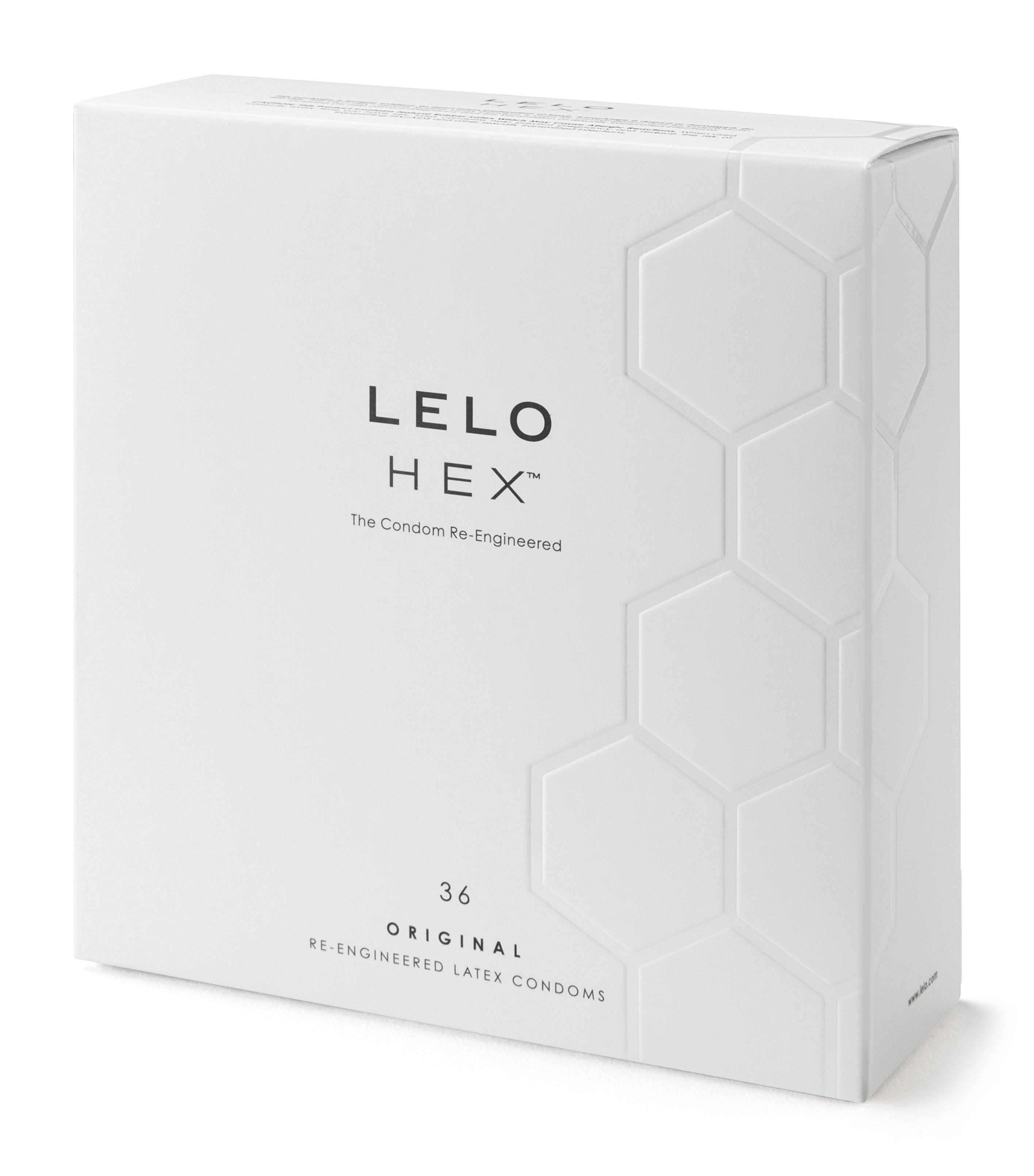 A white box of Lelo Hex Original condoms with hexagonal patterns.