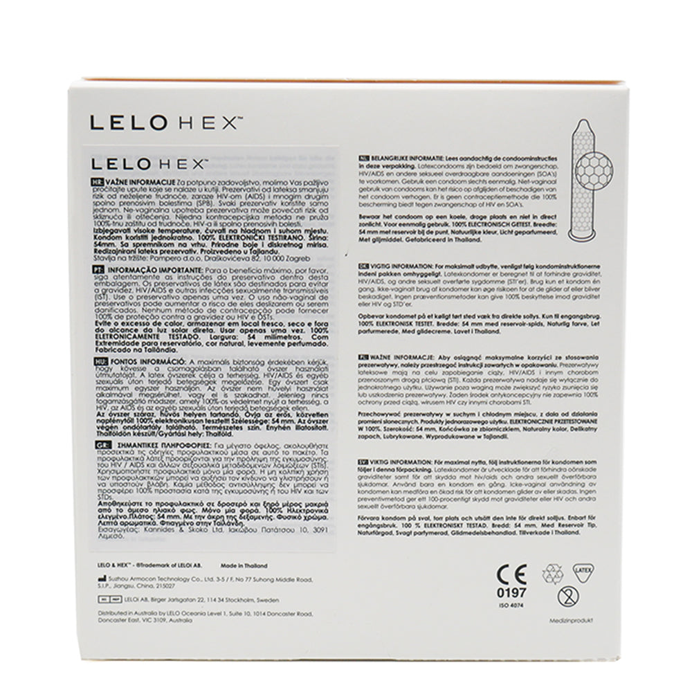 Lelo Hex condoms in a red box with product information in multiple languages.