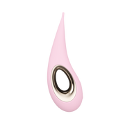 Pink elliptical clitoral stimulator with a gold-rimmed opening.