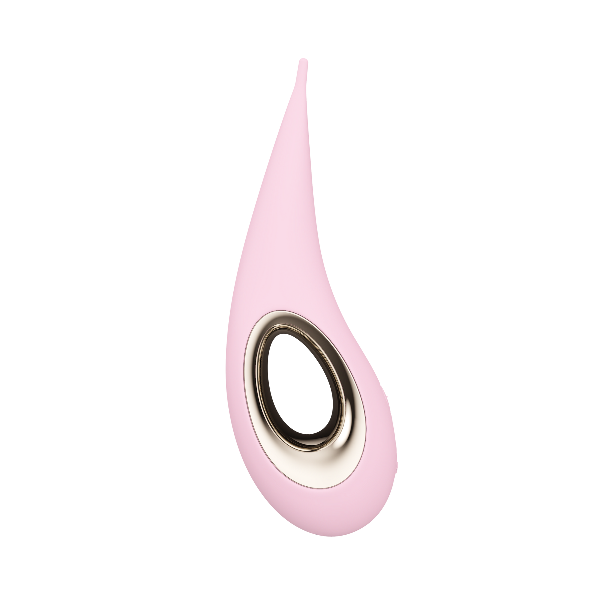 Pink elliptical clitoral stimulator with a gold-rimmed opening.