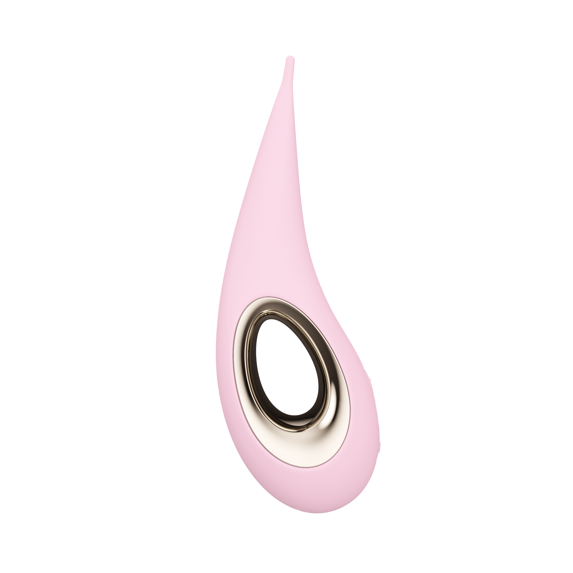 Pink elliptical clitoral stimulator with a gold-rimmed opening.
