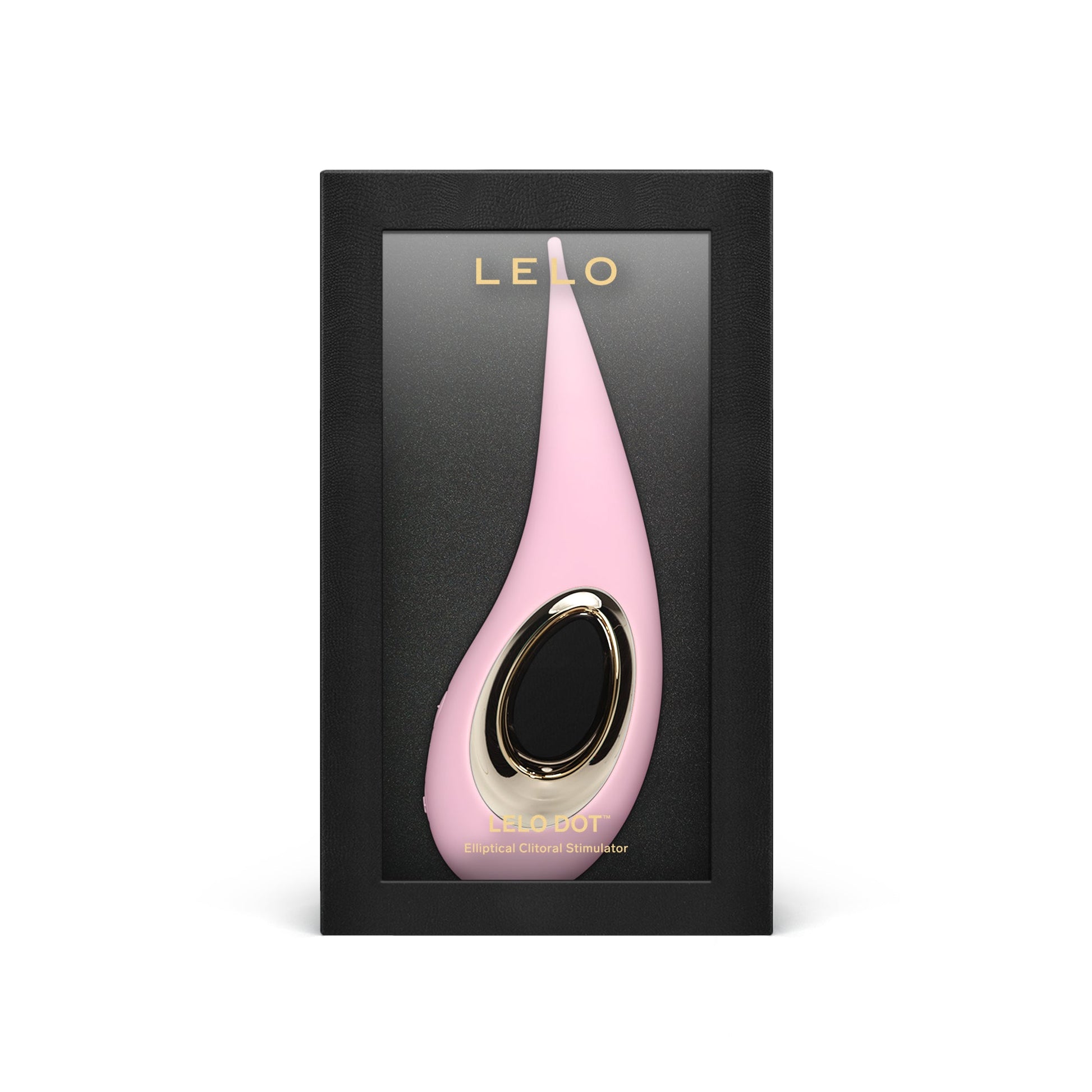 Pink Lelo Dot elliptical clitoral stimulator in a black box.