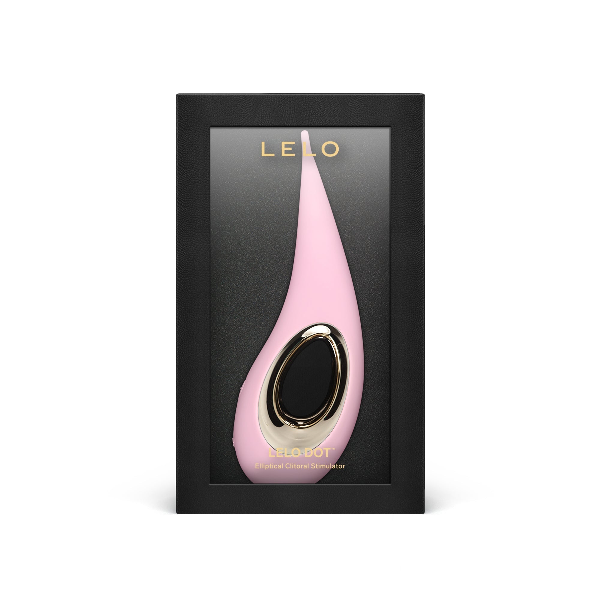Pink Lelo Dot elliptical clitoral stimulator in a black box.