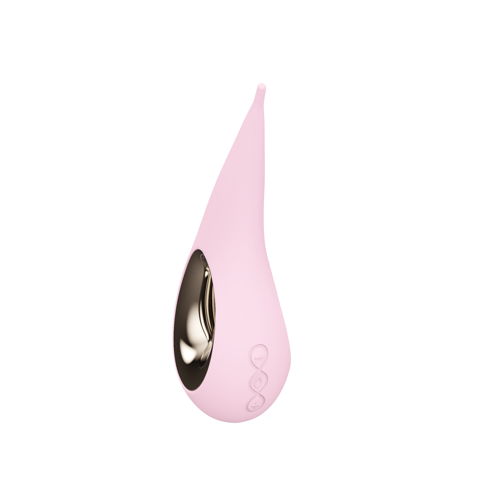 Pink elliptical clitoral stimulator with a gold opening and control buttons.