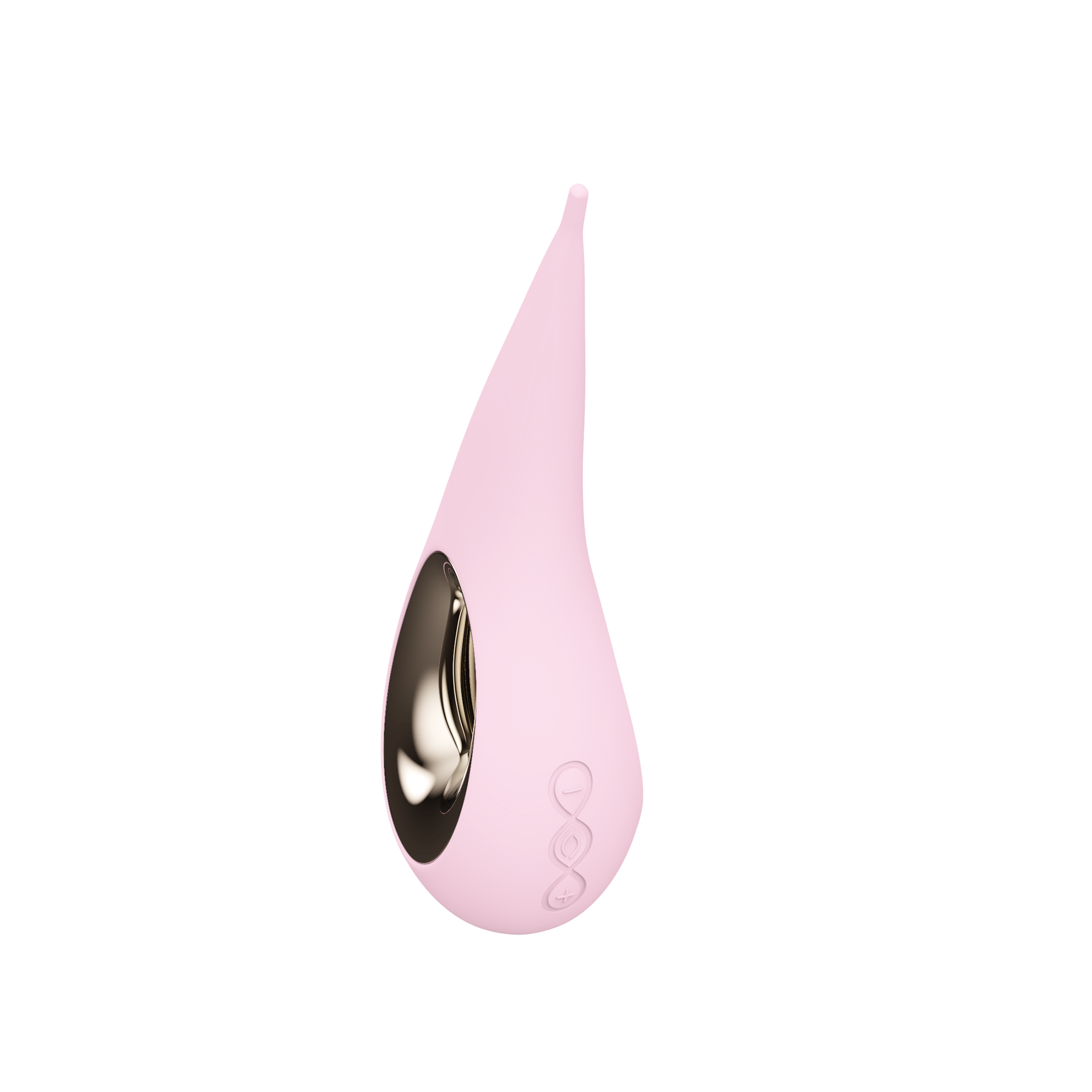 Pink elliptical clitoral stimulator with a gold opening and control buttons.