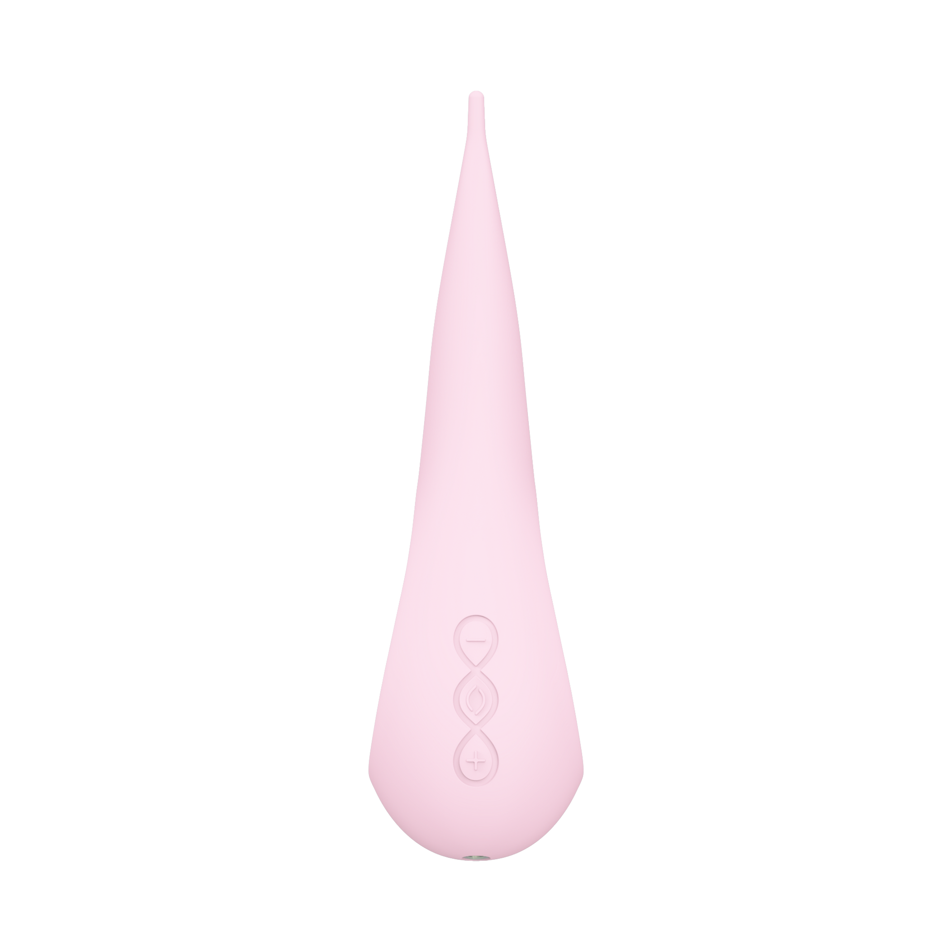 Pink elliptical clitoral stimulator with control buttons.