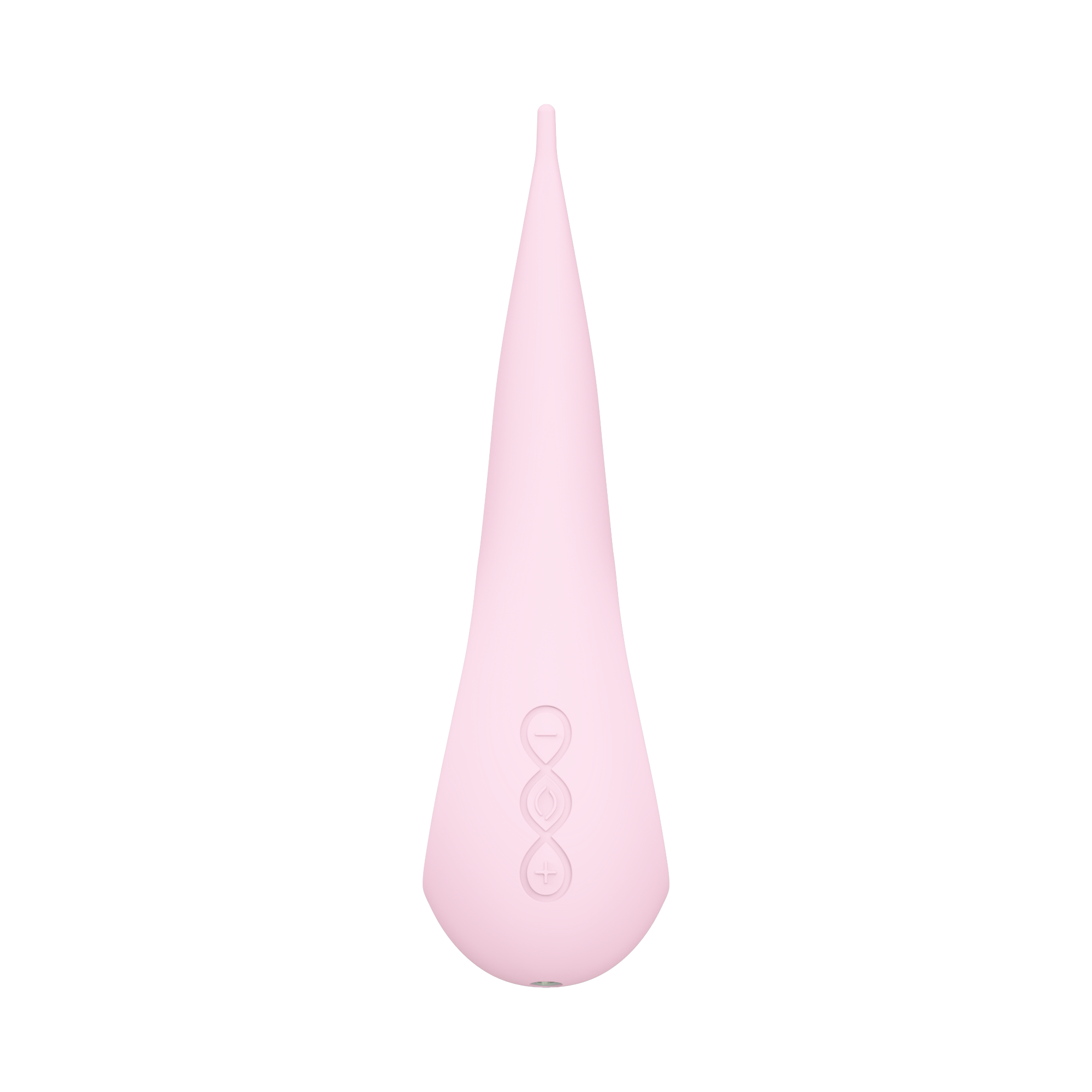 Pink elliptical clitoral stimulator with control buttons.
