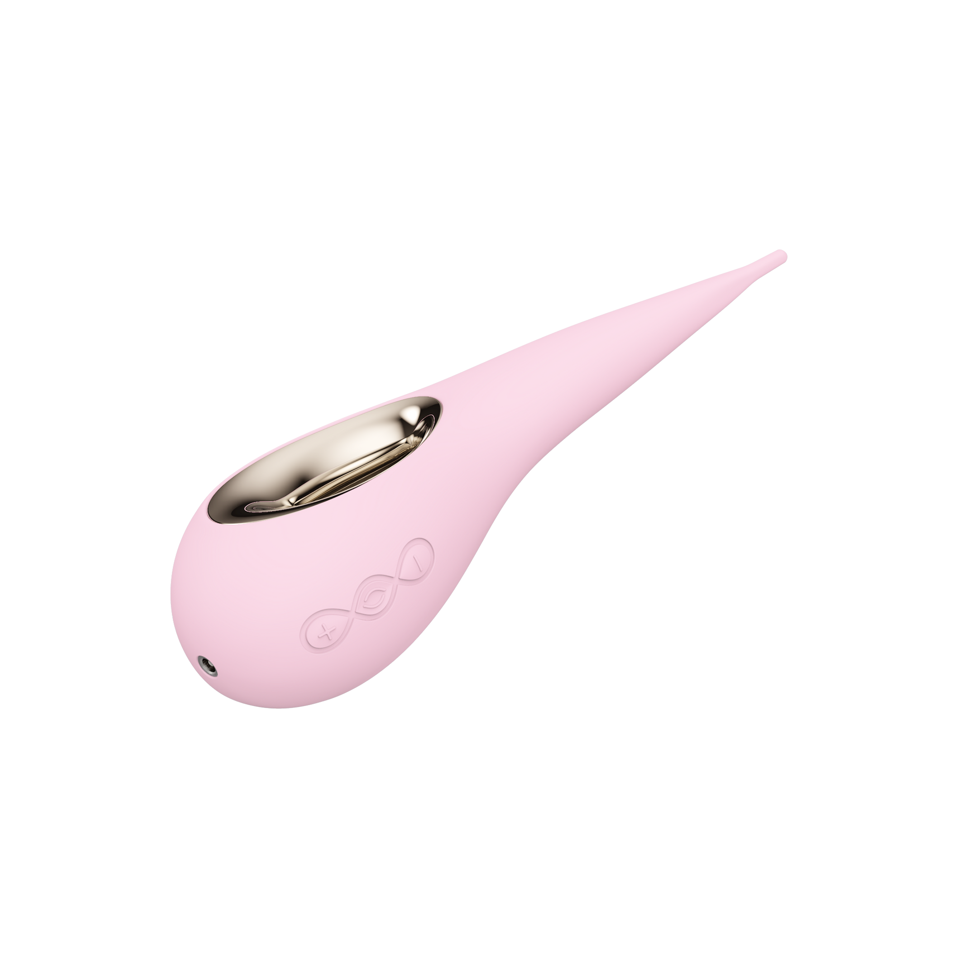 Pink elliptical clitoral stimulator with gold accent and control buttons.