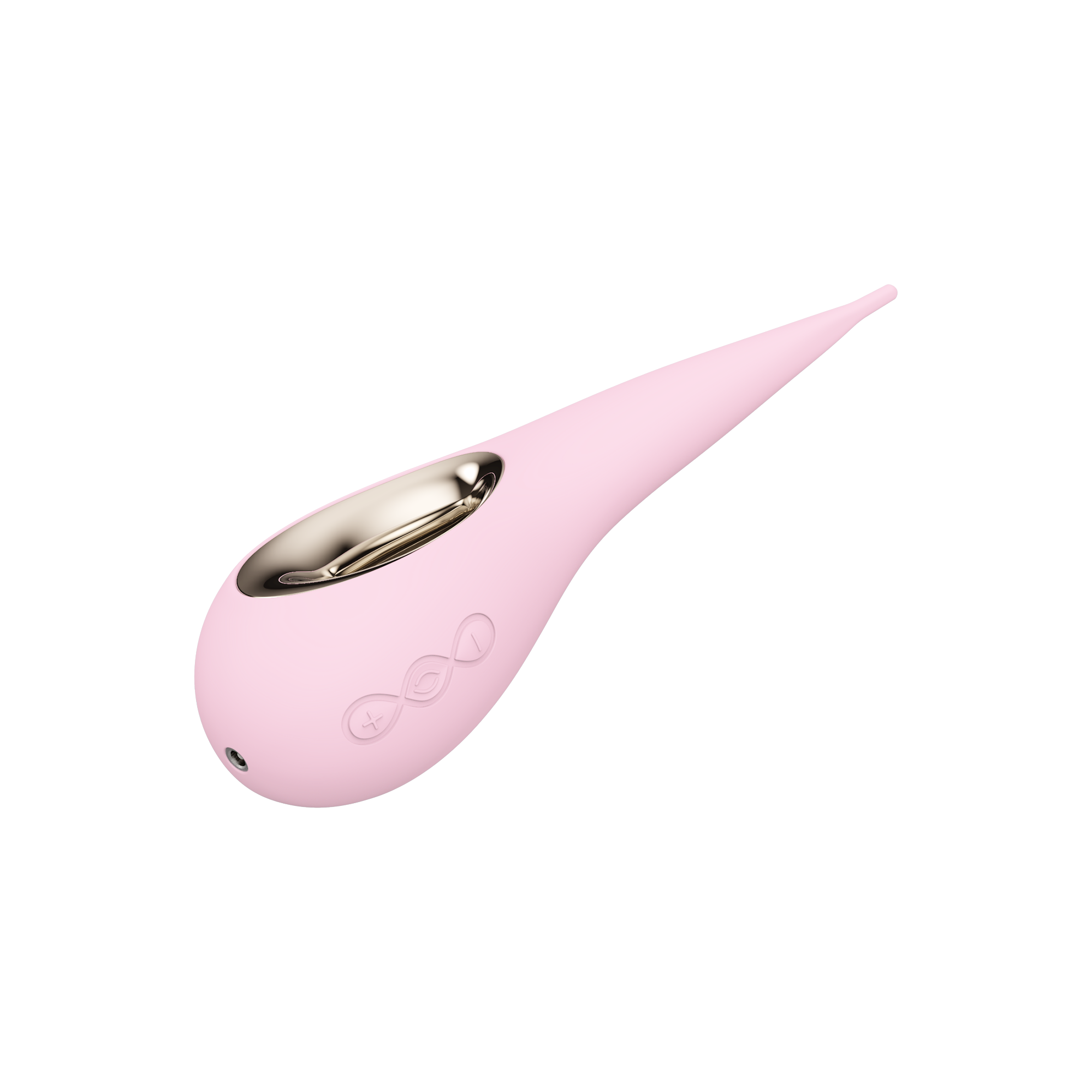 Pink elliptical clitoral stimulator with gold accent and control buttons.