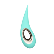 Aqua silicone elliptical clitoral stimulator with a gold rimmed opening.