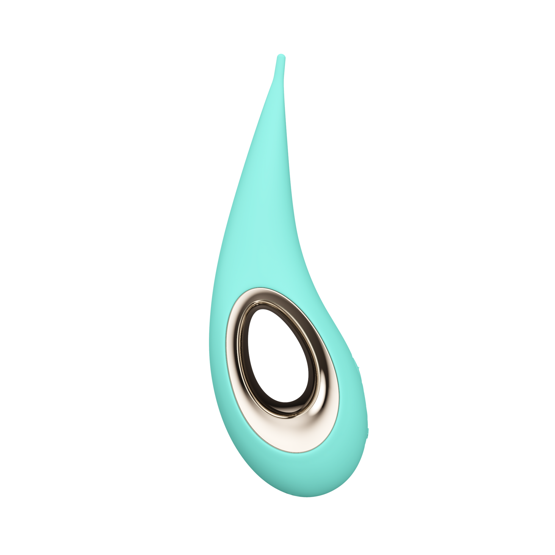 Aqua silicone elliptical clitoral stimulator with a gold rimmed opening.