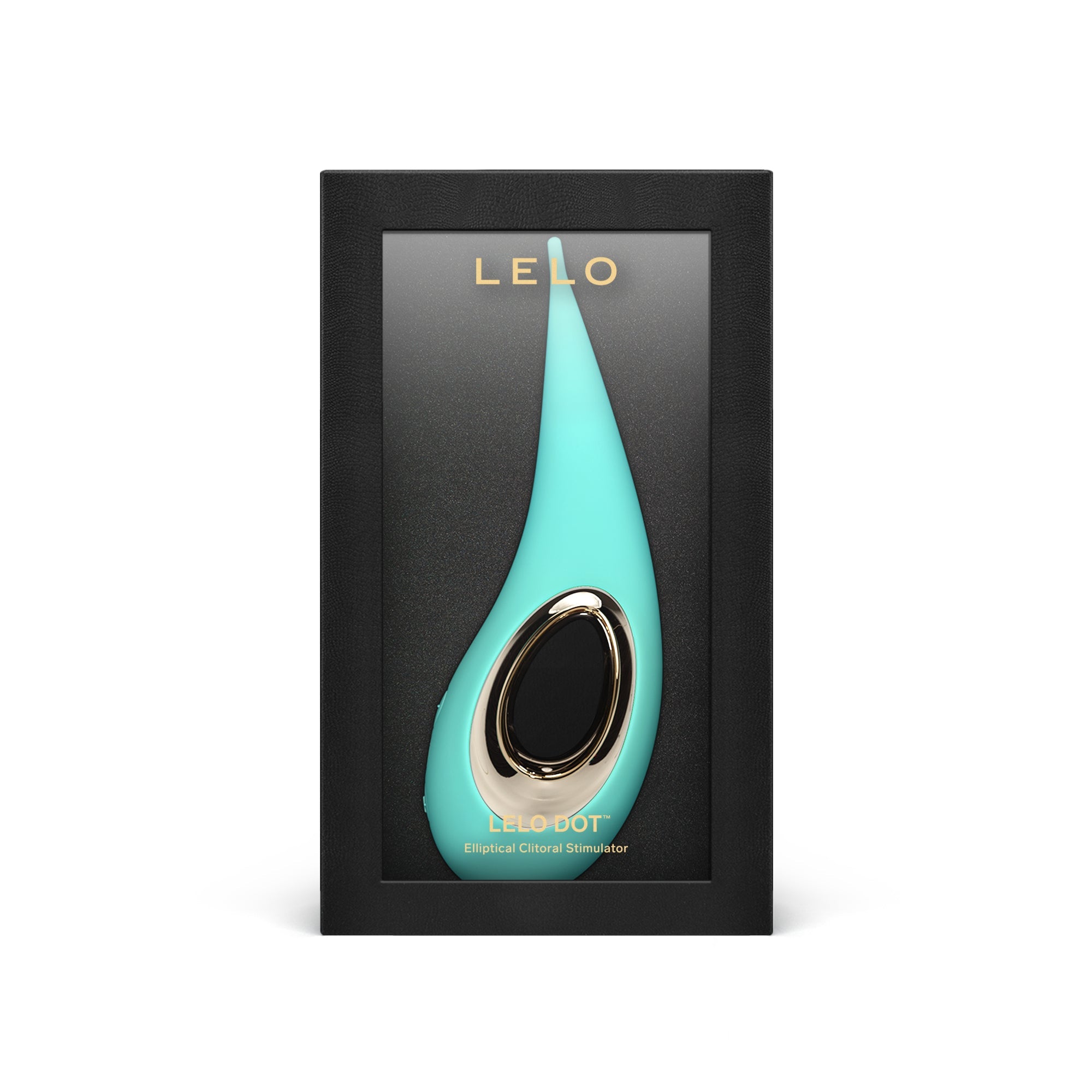 Aqua silicone Lelo Dot elliptical clitoral stimulator in a black box.