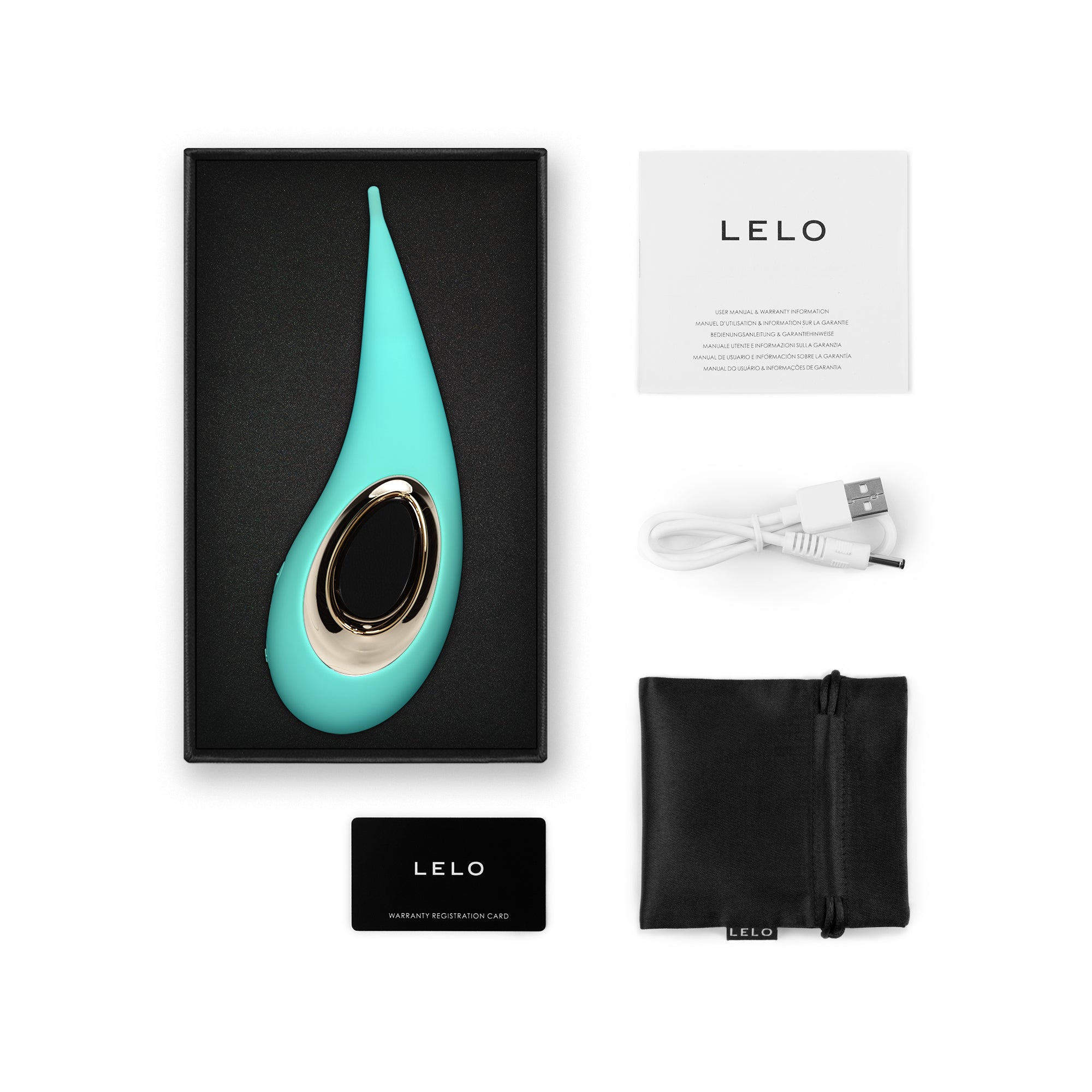 Aqua silicone elliptical clitoral stimulator with charging cable, manual, and storage pouch.
