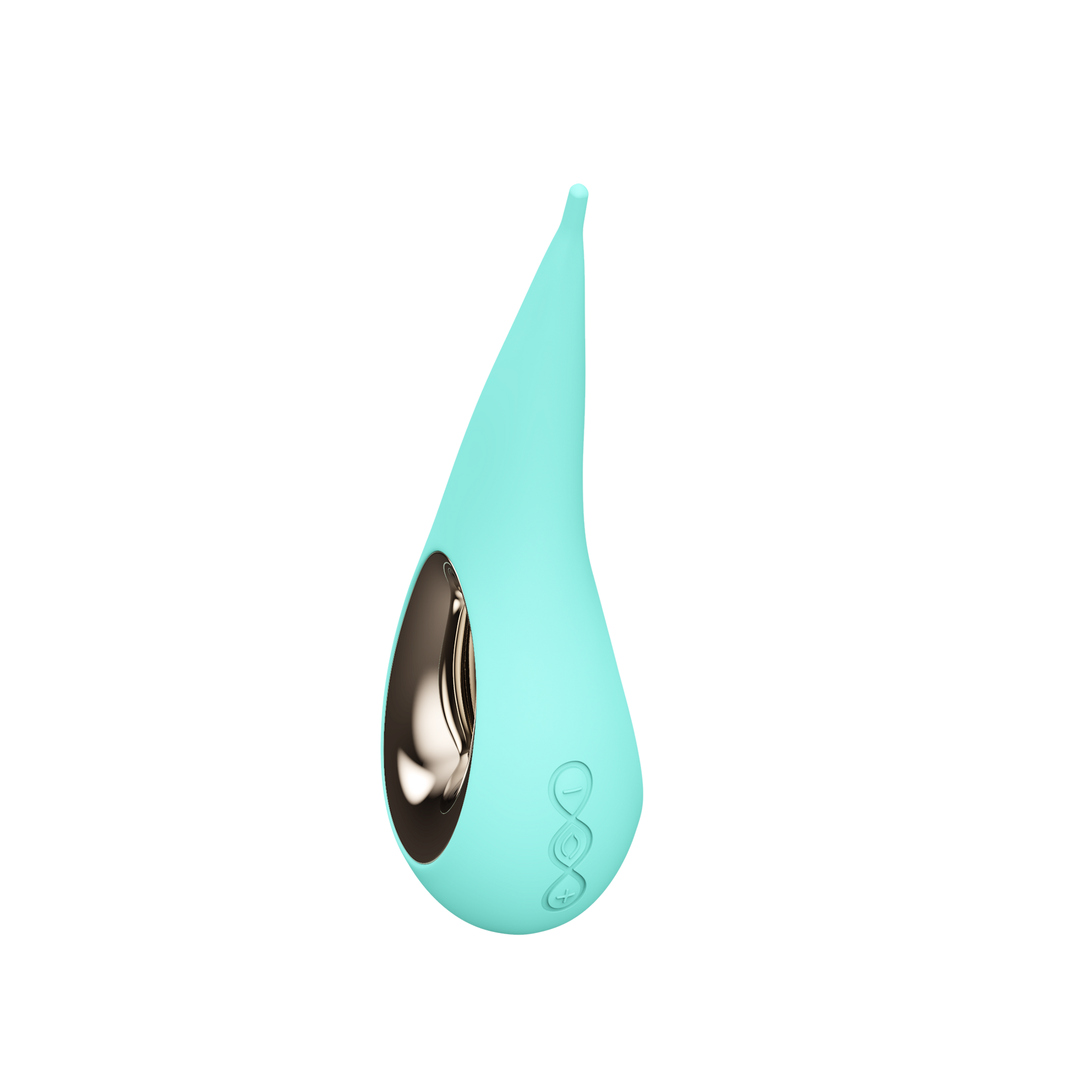 Aqua silicone elliptical clitoral stimulator with metallic accent and control buttons.