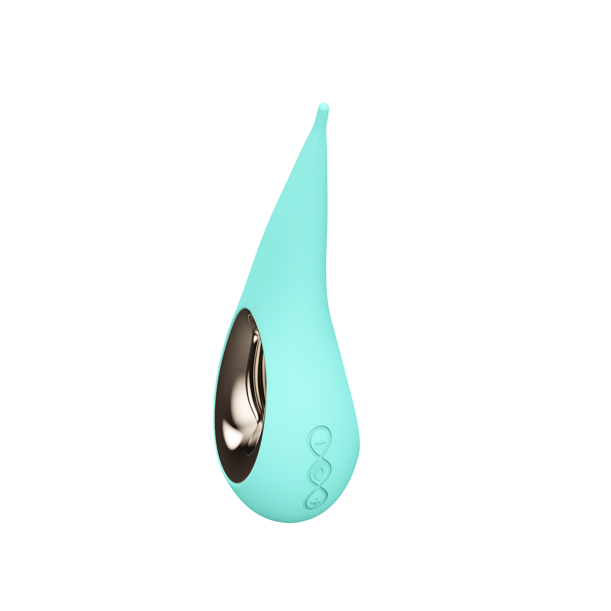 Aqua silicone elliptical clitoral stimulator with metallic accent and control buttons.